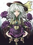  bad_id bad_pixiv_id eyeball flower green_eyes green_hair hat key komeiji_koishi lock long_hair open_mouth purple_flower purple_rose rose smile solo third_eye touhou wasabi_karasi 