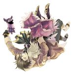  1girl alvin_(tales) bad_id bad_pixiv_id blonde_hair boots brown_eyes brown_hair couple creature doll dress elize_lutus gloves green_eyes hetero kamamoto_(monotonecolor) knee_boots pants scarf tales_of_(series) tales_of_xillia teepo_(tales) upside-down 