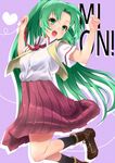  :d amasora_taichi arms_up blush green_eyes green_hair heart higurashi_no_naku_koro_ni jumping long_hair looking_at_viewer necktie open_mouth ponytail red_neckwear school_uniform smile solo sonozaki_mion vest 