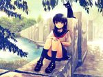  bridge cat kimura_(pixiv178485) original panties scenery school_uniform sitting solo underwear water 