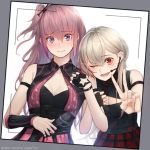 2girls alternate_costume bangs blonde_hair blue_eyes blush breasts cleavage cleavage_cutout dress eyebrows_visible_through_hair fingerless_gloves girls_frontline gloves hair_between_eyes hair_ornament holding holding_another&#039;s_arm holding_another's_arm holding_microphone long_hair looking_at_viewer m4_sopmod_ii_(girls_frontline) microphone multiple_girls one_eye_closed open_mouth phone_screen pink_hair red_eyes side_ponytail simple_background skirt sleeveless sleeveless_dress smile st_ar-15_(girls_frontline) strap ten_cws v white_background 