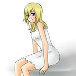  bangs bare_arms bare_shoulders blonde_hair blue_eyes closed_mouth dress eyebrows_visible_through_hair hair_between_eyes hair_over_shoulder kingdom_hearts long_hair looking_at_viewer namine shuu_(blow_wind) sitting smile solo sundress white_dress 