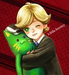  bad_id bad_pixiv_id barnaby_brooks_jr blonde_hair cabbie_hat child green_eyes hat hug male_focus necktie one_eye_closed solo stuffed_animal stuffed_tiger stuffed_toy tiger_&amp;_bunny yamadamaru younger 