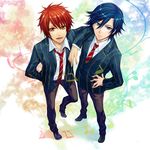  bad_id bad_pixiv_id blue_eyes blue_hair ichinose_tokiya ittoki_otoya looking_at_viewer male_focus messy_hair multiple_boys musical_note necktie red_hair school_uniform simple_background striped striped_neckwear twilightend uta_no_prince-sama 