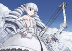  alternate_color archer_(disgaea) belt blue_eyes bow_(weapon) cloud disgaea dress drill_hair flat_chest long_hair no_bra pointy_ears sky smile solo tamazen twin_drills twintails weapon white white_hair 