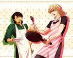  apron barnaby_brooks_jr blonde_hair brown_eyes brown_hair cooking dishes facial_hair flipping_food food fried_rice frying_pan glasses green_eyes highres jewelry kaburagi_t_kotetsu male_focus multiple_boys necklace shirt spatula stubble t-shirt tiger_&amp;_bunny v-sil 