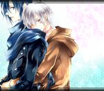  albino bad_id bad_pixiv_id black_hair hexagon hug hug_from_behind jacket male_focus multiple_boys nezumi_(no.6) no.6 red_eyes shion_(no.6) white_hair zeke_69 