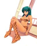  animal_print bikini boots breasts cleavage green_eyes green_hair horns kimura_(pixiv178485) long_hair lum medium_breasts navel pointy_ears sitting solo swimsuit tiger_print urusei_yatsura 