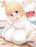  baozi blonde_hair blue_eyes blush box breasts commentary_request curly_hair food highres huge_breasts looking_at_viewer mizuyan open_mouth original raised_eyebrows ribbed_sweater short_hair smile solo sweater table translation_request turtleneck 