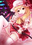  bad_id bad_pixiv_id blonde_hair candy flandre_scarlet food frilled_skirt frills hat highres laevatein licking lollipop miniskirt nunucco pink_legwear red_eyes red_skirt shirt side_ponytail sitting skirt skirt_set solo thighhighs touhou wings wrist_cuffs 