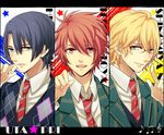  blonde_hair blue_eyes blue_hair glasses green_eyes hijirikawa_masato ittoki_otoya looking_at_viewer male_focus moco multiple_boys necktie open_mouth red_eyes red_hair school_uniform shinomiya_natsuki smile striped striped_neckwear teeth uta_no_prince-sama 