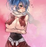  blue_hair blush breast_hold breasts cleavage crossed_arms embarrassed flying_sweatdrops large_breasts looking_away manyuu_chifusa manyuu_hikenchou okishiji_en ponytail scarf solo yellow_eyes 