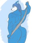  blue_hair breasts butt canine elwolfo female hair hopey looking_back mammal muscles muscular_female nude side_boob solo tongue tongue_out towel wolf 