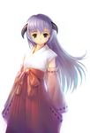  absurdres detached_sleeves hakama hanyuu highres higurashi_no_naku_koro_ni horns japanese_clothes long_hair miko momose_hisashi purple_eyes purple_hair red_hakama smile solo 