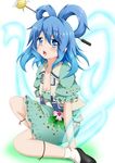  bad_id bad_pixiv_id blue_eyes blue_hair blue_skirt blush breasts cleavage flower hair_ornament hair_rings hair_stick highres kaku_seiga medium_breasts medium_skirt open_mouth petticoat shawl short_hair skirt skirt_set socks solo touhou vest white_legwear yopparai_oni 