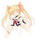  closed_eyes fate_testarossa hair_ribbon kurasuke long_hair lyrical_nanoha mahou_shoujo_lyrical_nanoha mahou_shoujo_lyrical_nanoha_a's open_mouth ribbon school_uniform seishou_elementary_school_uniform smile solo twintails waving 