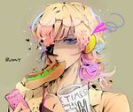  bad_id bad_pixiv_id barnaby_brooks_jr blonde_hair blue_eyes blue_hair curly_hair eyewear_on_head fujiwara_miya glasses headphones highres hot_dog jacket male_focus mouth_hold multicolored_hair newspaper pink_hair solo tiger_&amp;_bunny 