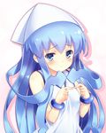  ashishun bare_shoulders blue_eyes blue_hair blush bracelet fidgeting hat ikamusume jewelry long_hair shinryaku!_ikamusume solo tears tentacle_hair 