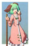  animal_ears bamboo_broom broom cato_(monocatienus) dress fang green_eyes green_hair highres kasodani_kyouko open_mouth short_hair solo touhou 