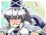  blue_eyes blue_skirt blush breasts frilled_skirt frills frown hat highres japanese_clothes large_breasts lying medium_skirt mononobe_no_futo on_stomach open_mouth ponytail shirt silver_hair skirt solo tate_eboshi tears touhou trembling tsuki_wani wavy_mouth 