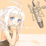  bell blue_eyes chin_rest elf grin kusacan microphone pointy_ears prius_online short_hair smile solo studio_microphone white_hair 