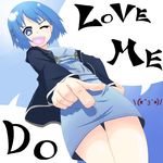  :d bad_id bad_pixiv_id blazer blue_eyes blue_hair casual foreshortening from_below hair_ornament hairclip heart heart_in_mouth jacket mahou_shoujo_madoka_magica miki_sayaka one_eye_closed open_mouth overalls pointing repunit short_hair smile solo 