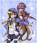  :o baseball_bat black_legwear black_skirt blue_background blue_hat boots brown_eyes brown_hair choker coat desco_(disgaea) disgaea gloves hat horns kamuoka kazamatsuri_fuuka long_hair long_pointy_ears makai_senki_disgaea_4 miniskirt multiple_girls necktie pleated_skirt pointy_ears purple_footwear purple_hair purple_legwear red_eyes school_uniform short_hair skirt smile thigh_boots thighhighs twintails zettai_ryouiki 