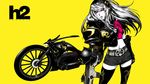  album_cover belt cover ground_vehicle gun headphones highres motor_vehicle motorcycle nagimiso navel original pink_eyes prosthesis shorts simple_background solo thighhighs wallpaper weapon yellow 