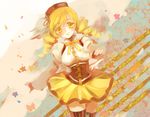  beret blonde_hair corset detached_sleeves drill_hair fingerless_gloves gloves hat magical_girl mahou_shoujo_madoka_magica miniskirt pleated_skirt puffy_sleeves ribbon saharan skirt solo striped striped_legwear thighhighs tomoe_mami twin_drills twintails vertical-striped_legwear vertical_stripes yellow_eyes yellow_skirt zettai_ryouiki 