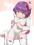  arm_support aya_shachou blush constricted_pupils flower from_above hair_flower hair_ornament hieda_no_akyuu japanese_clothes kimono looking_up no_shoes purple_hair red_eyes scared short_hair short_kimono sitting solo sweatdrop tabi thighhighs touhou white_legwear zettai_ryouiki 