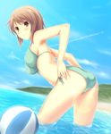  47agdragon adjusting_clothes adjusting_swimsuit ass bad_id bad_nicoseiga_id ball beachball bikini blue_sky blush breasts brown_eyes brown_hair colorized condensation_trail day front-tie_top highres ichiroku leaning_forward lens_flare looking_at_viewer looking_back medium_breasts original side-tie_bikini sky solo swimsuit wading water 