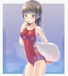  black_hair breasts brown_eyes cleavage competition_school_swimsuit double_vertical_stripe navel one-piece_swimsuit original red_swimsuit school_swimsuit skin_tight small_breasts solo swimsuit tougetsu_gou 