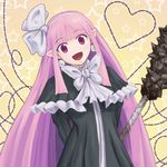  :d barbed_wire black_capelet bow capelet club disgaea earrings hair_ribbon hairband happy heart jewelry long_hair mage_(disgaea) open_mouth pink_hair pointy_ears red_eyes ribbon shawl smile solo spiked_club tamazen weapon 