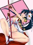  ayamo_kaoru black_hair blue_eyes breasts character_request cleavage japanese_clothes long_hair mask medium_breasts miko navel open_mouth panties polearm ponytail sengoku_taisen solo spread_legs underwear weapon white_panties 