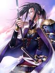  armor bad_id bad_pixiv_id black_hair breastplate japanese_armor katana kote kuren kusazuri long_hair male_focus nabeshima_naoshige_(sengoku_taisen) ponytail samurai sengoku_taisen solo sword weapon 
