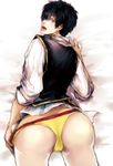  ass babyfoxcc bed_sheet black_hair from_above gintama green_eyes hijikata_toushirou looking_back lowres lying male_focus panties solo underwear 