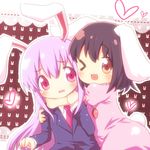  &gt;_&lt; :3 animal_ears arms_around_neck ayakashi_(monkeypanch) black_hair blazer blush brown_hair bunny_ears bunny_tail closed_eyes dress dress_shirt heart hug inaba_tewi jacket lavender_hair long_hair multiple_girls necktie open_mouth purple_eyes reisen_udongein_inaba shirt short_hair smile tail touhou 