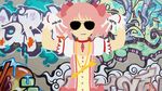  artist_request clothes_writing english gangster gloves graffiti highres jewelry kaname_madoka magical_girl mahou_shoujo_madoka_magica necklace no_lineart parody pink_hair ribbon solo sunglasses wallpaper 