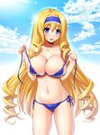  areolae bikini blonde_hair blue_eyes blush breasts cameltoe cecilia_alcott cleavage collarbone day drill_hair groin headband highres huge_breasts infinite_stratos kawase_seiki long_hair looking_at_viewer navel open_mouth outdoors shiny shiny_skin side-tie_bikini smile solo swimsuit untied very_long_hair 