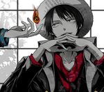  bad_id bad_pixiv_id black_hair fire flame gendou_pose hands_clasped hat male_focus monkey_d_luffy one_piece own_hands_together scar solo spot_color zeke_69 
