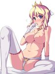 between_breasts blonde_hair blue_eyes blush breasts crown curly_hair finger_to_mouth gloves highres jewelry large_breasts long_hair navel nipples original saiste sitting solo thighhighs topless twintails white_gloves white_legwear 