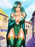  bare_shoulders blush breasts cameltoe cleavage curvy detached_sleeves feathers final_fantasy final_fantasy_iv gloves green_eyes green_hair green_leotard hair_ornament jewelry large_breasts legs leotard long_hair momoman_(pink_voltage) nail_polish rydia smile solo thick_thighs thigh_gap thighhighs thighs 