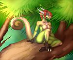  bellinda breasts claws dragon female fivel forest freckles hair horn looking_at_viewer nipples nude red_hair sitting smile solo tail tree wood 