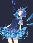  blue_background blue_hair blue_skirt bow cirno closed_eyes hair_bow hairband ice ice_wings miniskirt nove_(legge) short_hair simple_background skirt solo touhou wings 