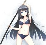  arm_up black_hair blue_eyes blush breasts ikaruga_(senran_kagura) katana kirifrog long_hair medium_breasts navel senran_kagura senran_kagura_shoujo-tachi_no_shin'ei solo sword very_long_hair weapon 