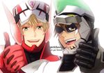  barnaby_brooks_jr blonde_hair brown_eyes brown_hair green_eyes ichigopurine kaburagi_t_kotetsu male_focus mask multiple_boys one_eye_closed power_armor power_suit superhero thumbs_up tiger_&amp;_bunny wild_tiger 