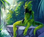  anthro balls black_penis black_sclera blue_eyes bottomless clothed clothing erection grass green_eyes green_skin green_tongue half-dressed humanoid_penis leaves long_tongue looking_at_viewer male muscles nature outside penis peritian radku_(character) rock salamander scalie shirt shirt_lift sitting skinny slit_pupils solo spread_legs spreading tank_top toned tongue tongue_out water waterfall wet 