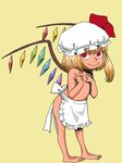 apron barefoot blonde_hair child flandre_scarlet full_body hat naked_apron onikobe_rin side_ponytail simple_background solo standing toes topless touhou wings 