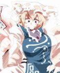  blonde_hair blush breasts brown_eyes curvy dress eyebrows hair_ribbon hat iroyopon large_breasts ribbon short_hair simple_background sketch solo thick_eyebrows touhou upper_body white_background yakumo_ran 