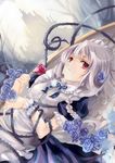  blue_flower blue_rose bow braid flower giaour izayoi_sakuya maid maid_headdress plant red_eyes red_flower red_rose rose silver_hair solo touhou twin_braids vines wrist_cuffs 
